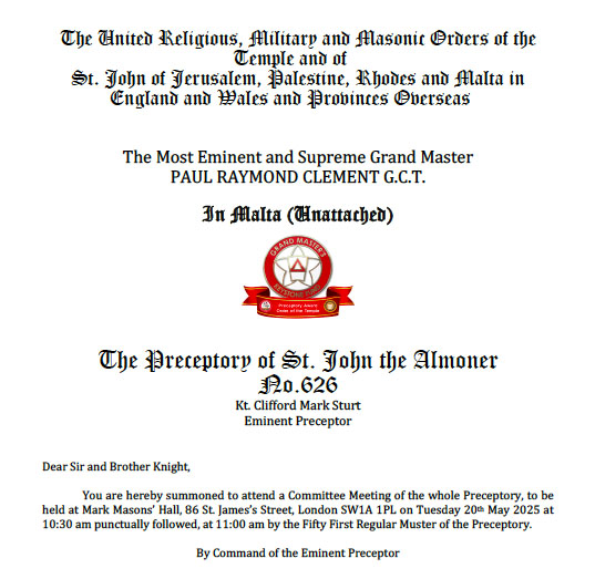 St. John the Almoner Preceptory Summons
