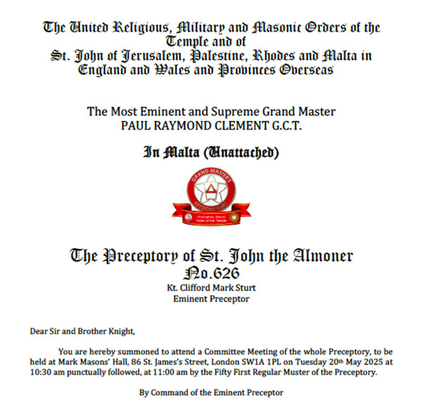 The St. John the Almoner Preceptory Summons